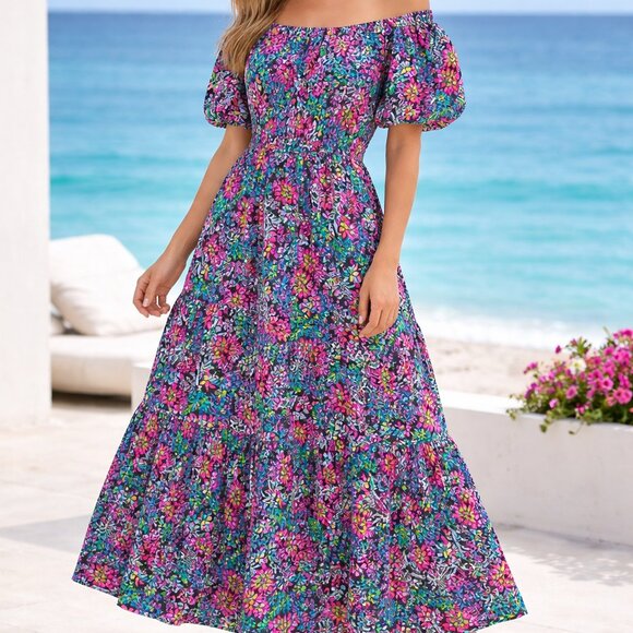 Lilly Pulitzer XL Off Shoulder Floral Maxi Dress Puff Sleeve Wrap Belt Resort Re - Picture 2 of 14
